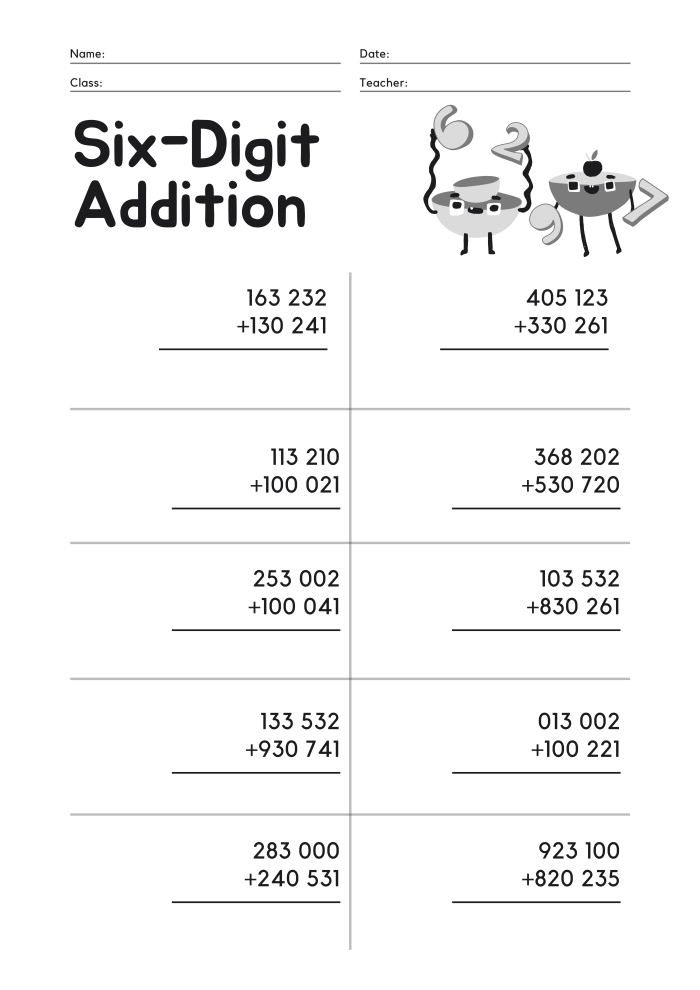Add Six Digits Numbers Worksheet Add Six Digits Numbers Worksheet