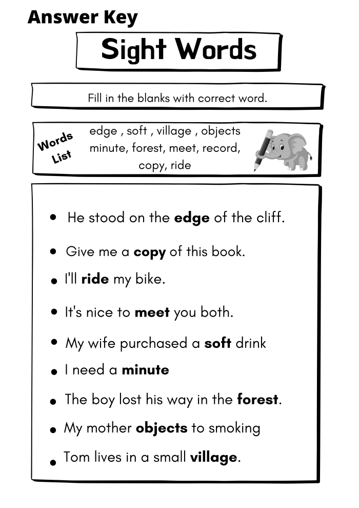Sight Words For Grade 6 Worksheet Answer Key