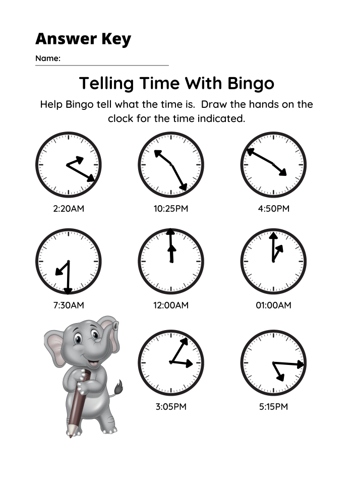 Telling Time With Bingo Blank Clocks Worksheet Answer Key