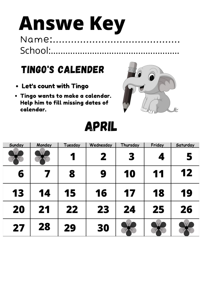 Tingos Calender Counting Numbers 1 30 Worksheet Answer Key