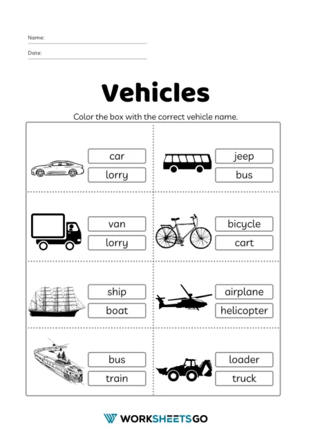Vehicles Worksheet