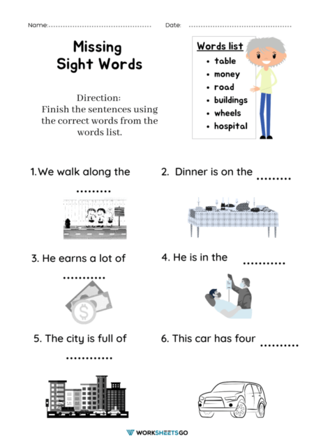 Missing Sight Words Worksheets