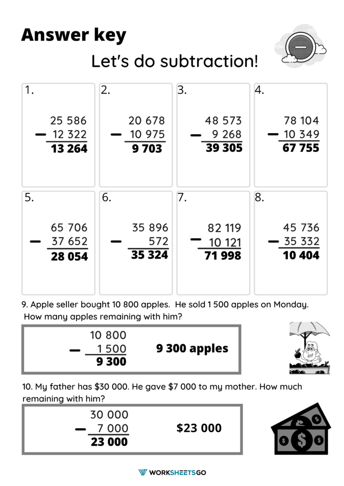 5 Digits Subtraction Worksheets Lets Do Subtraction Answer Key