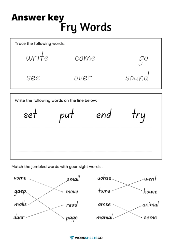 Fry Words Worksheet Answer Key