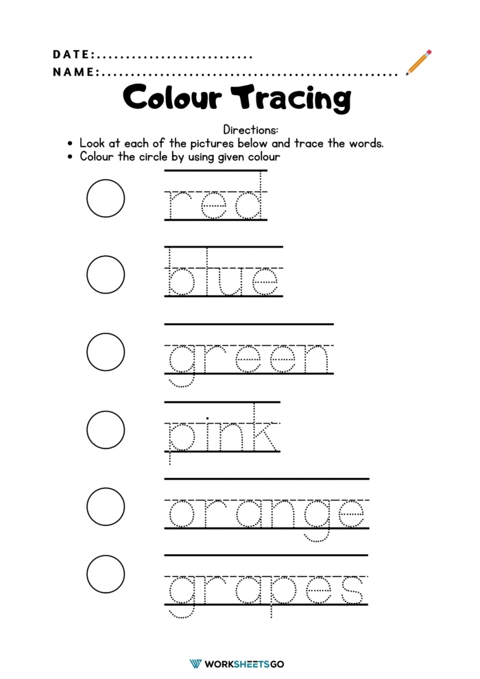 Color Tracing Words Worksheets
