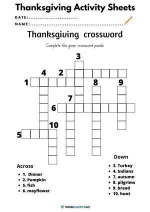 Thanksgiving Crossword Activity Sheets