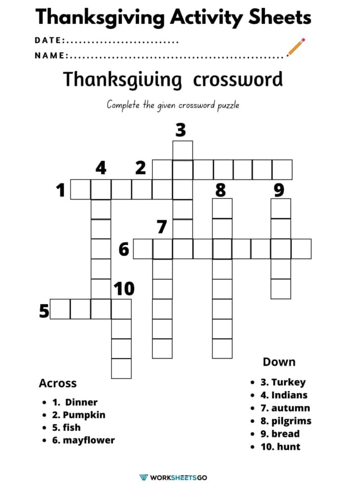 Thanksgiving Crossword Activity Sheets