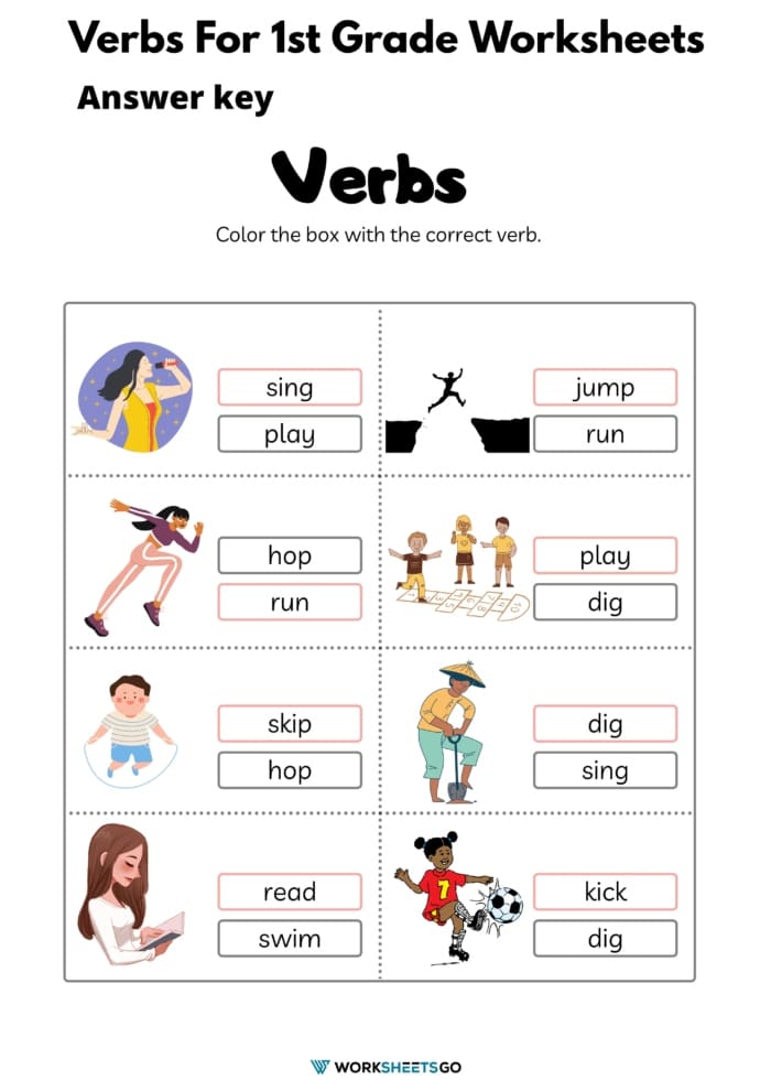 Verbs For First Graders Worksheets Answer Key
