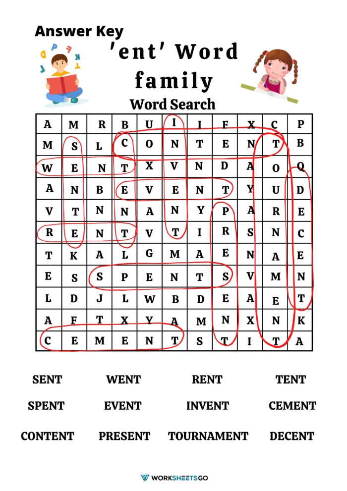 ENT Word Family Worksheet Answer Key