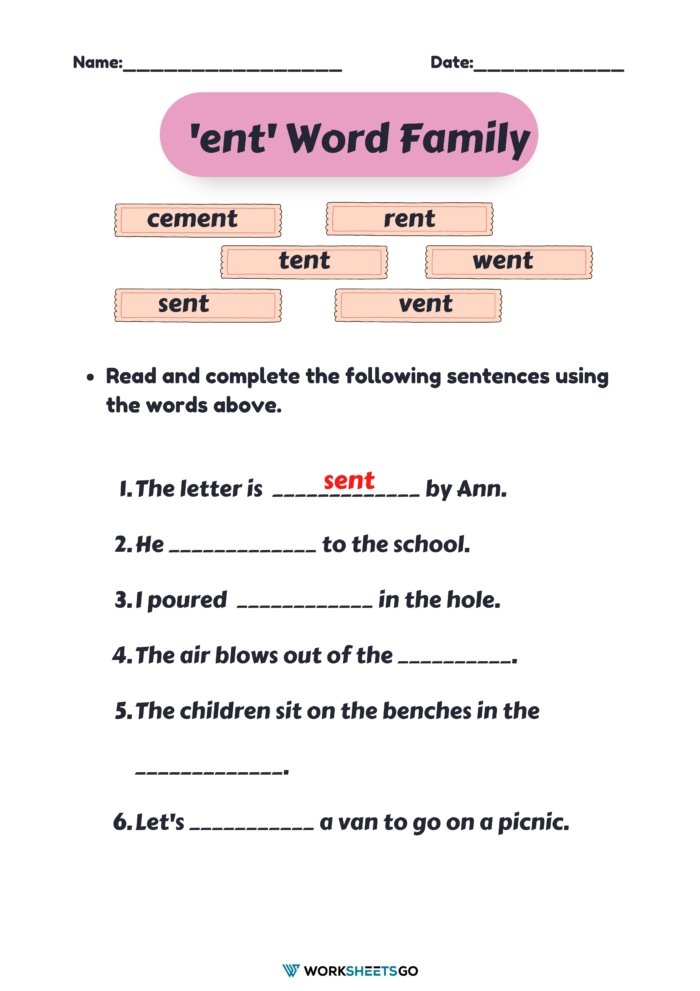 ENT Word Family Worksheets Complete The Following Sentences ENT Word Family Worksheets Complete The Following Sentences