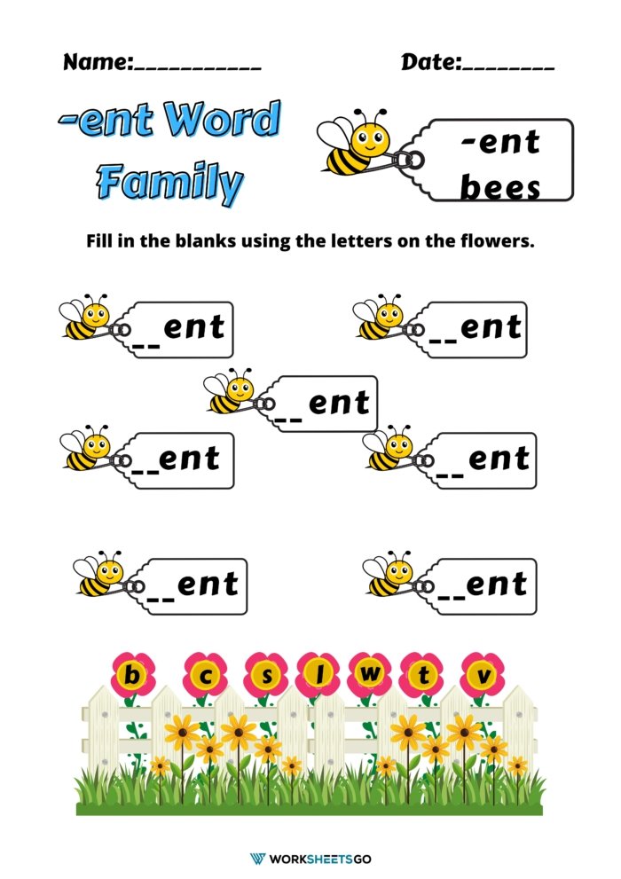 Ent Word Family Worksheets Fill In The Blanks
