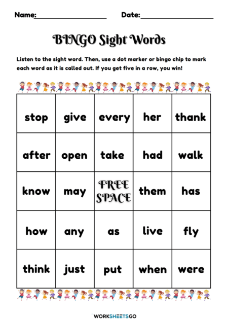 Bingo Sight Words Worksheets