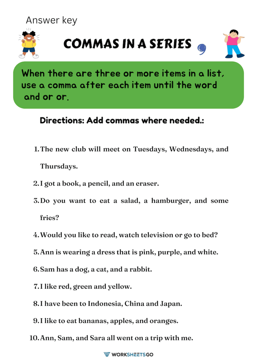 Commas In A Series Worksheet Answer Key Commas In A Series Worksheet Answer Key