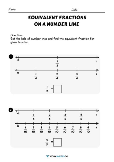 Equivalent Fractions on a Number Line Worksheets