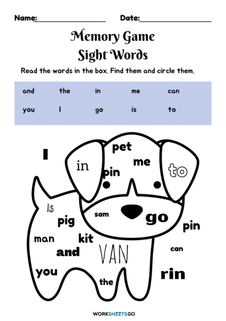 Memory Game Sight Words Worksheets