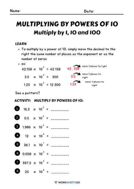 Multiplying By Powers Of 10 Worksheets
