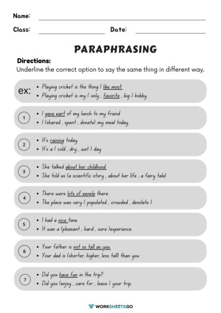Paraphrasing Worksheets