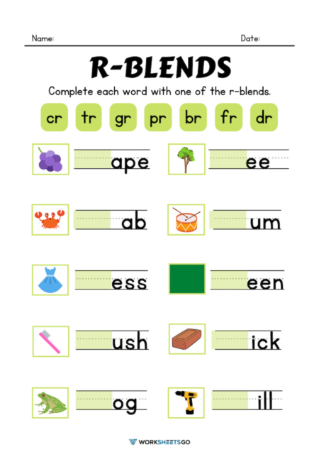 R Blends Worksheets