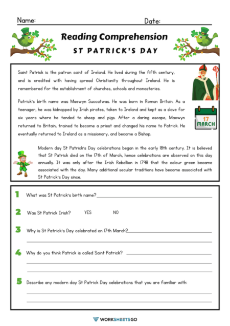 St Patrick’s Day Reading Comprehension Worksheets