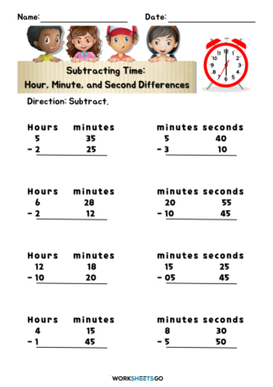 Subtracting Time-Hour, Minutes, And Seconds Worksheets | WorksheetsGO