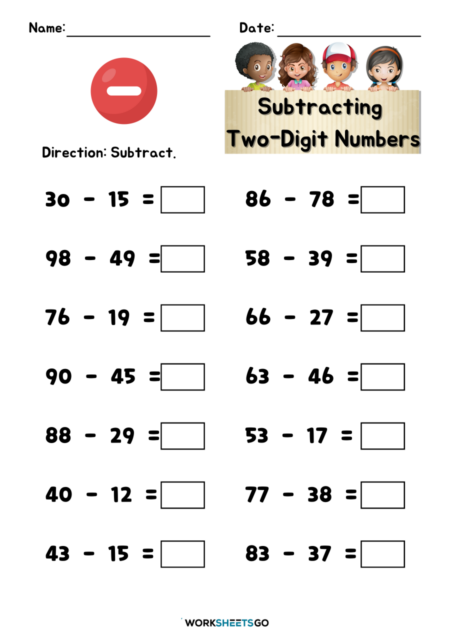 Subtracting Two-Digit Numbers Worksheets