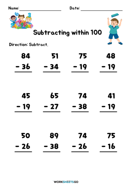 Subtracting Within 100 Worksheets