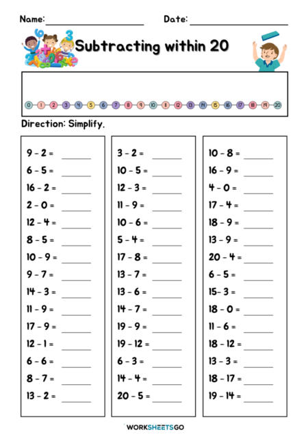 Subtracting Within 20 Worksheets