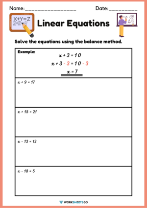 Linear Equations Using The Balance Method Worksheets