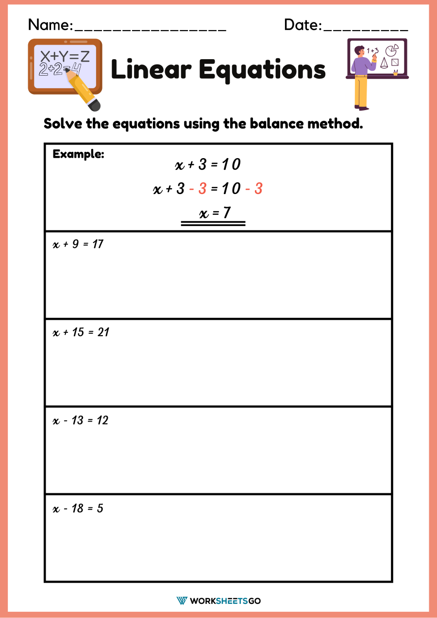 Linear Equations Using The Balance Method Worksheets | WorksheetsGO