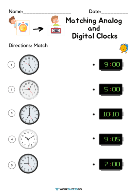 Matching Analog And Digital Clocks Worksheets