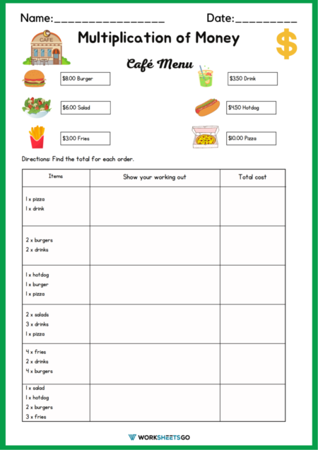 Multiplication Of Money Worksheets