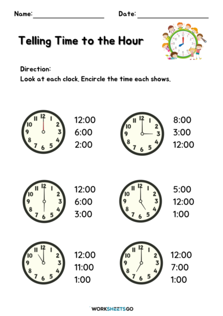 Telling Time to The Hour Worksheets
