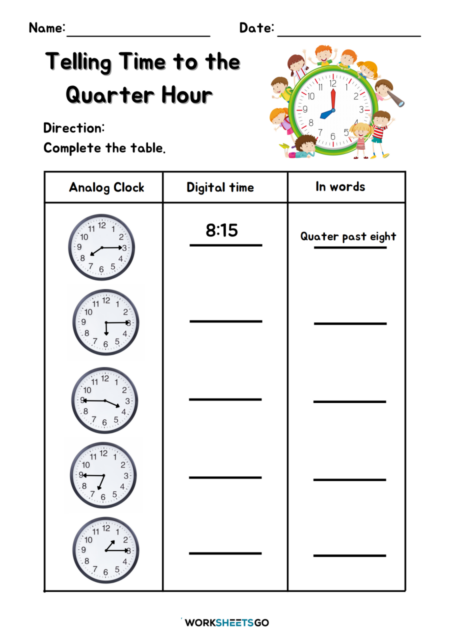 Telling Time to The Quarter Hour Worksheets