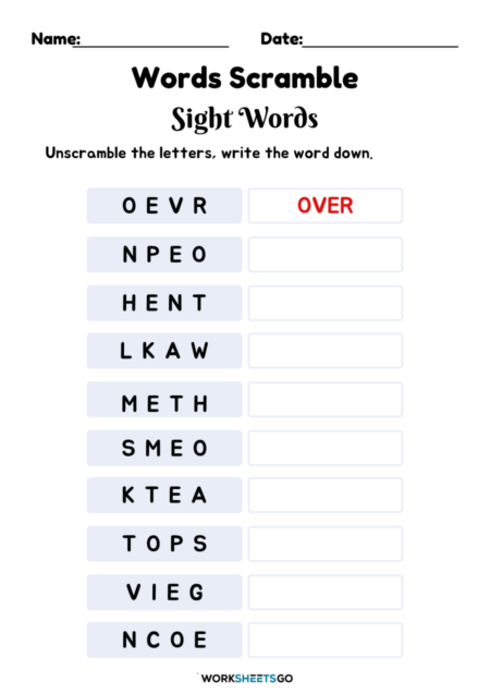 Words Scramble Sight Words Worksheets