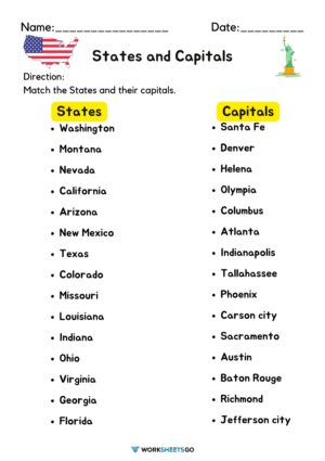 States And Capitals Worksheets