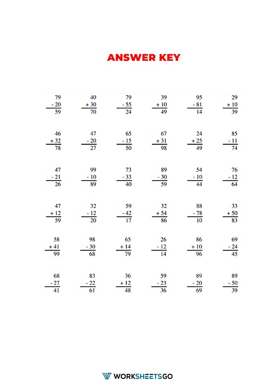 2 Digit Addition And Subtraction Without Regrouping Worksheet Answer Key