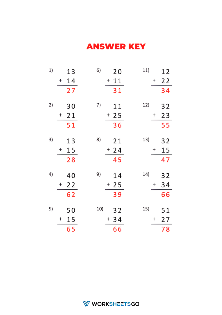 2 Digit Addition Without Regrouping Worksheet 2 Answer Key