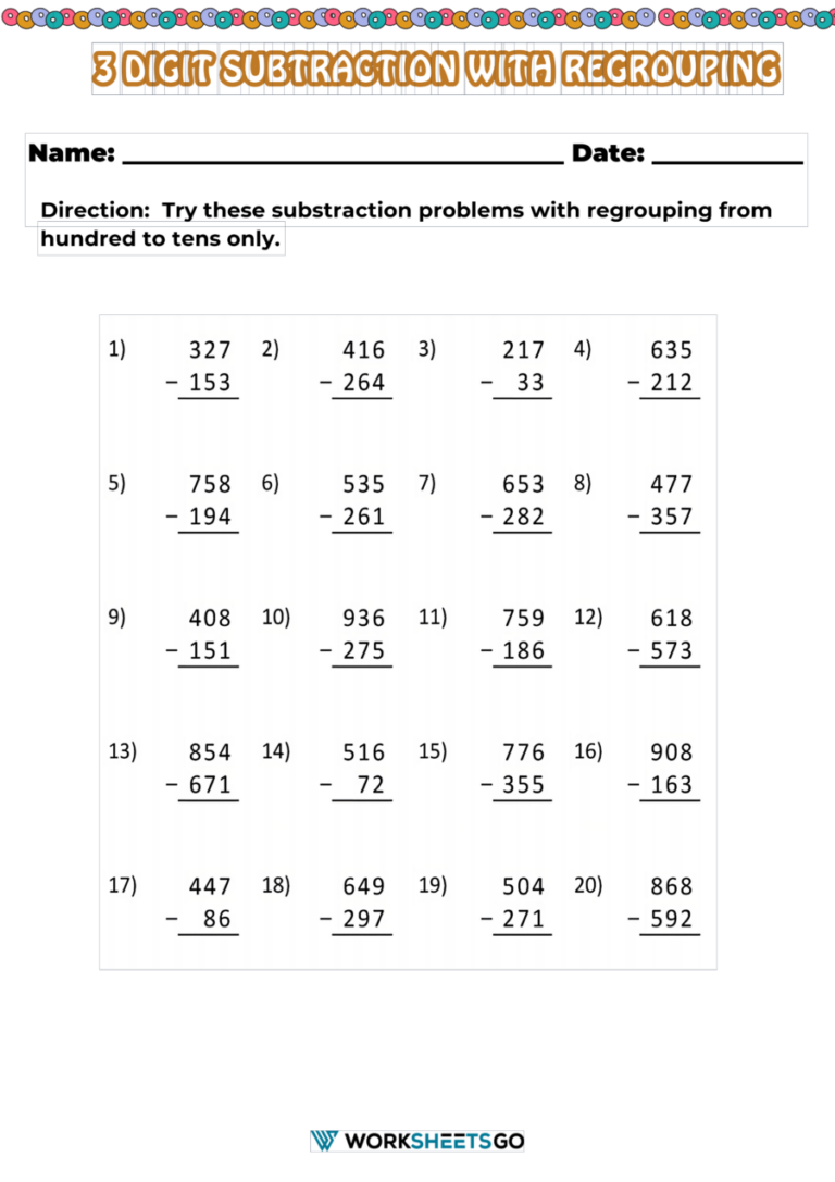 3 Digit Subtraction With Regrouping Worksheets WorksheetsGO