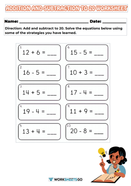 Addition And Subtraction To 20 Worksheets