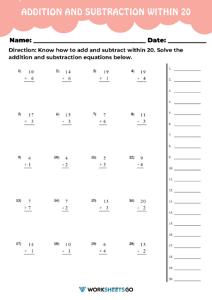 Addition And Subtraction Within 20 Worksheets 2