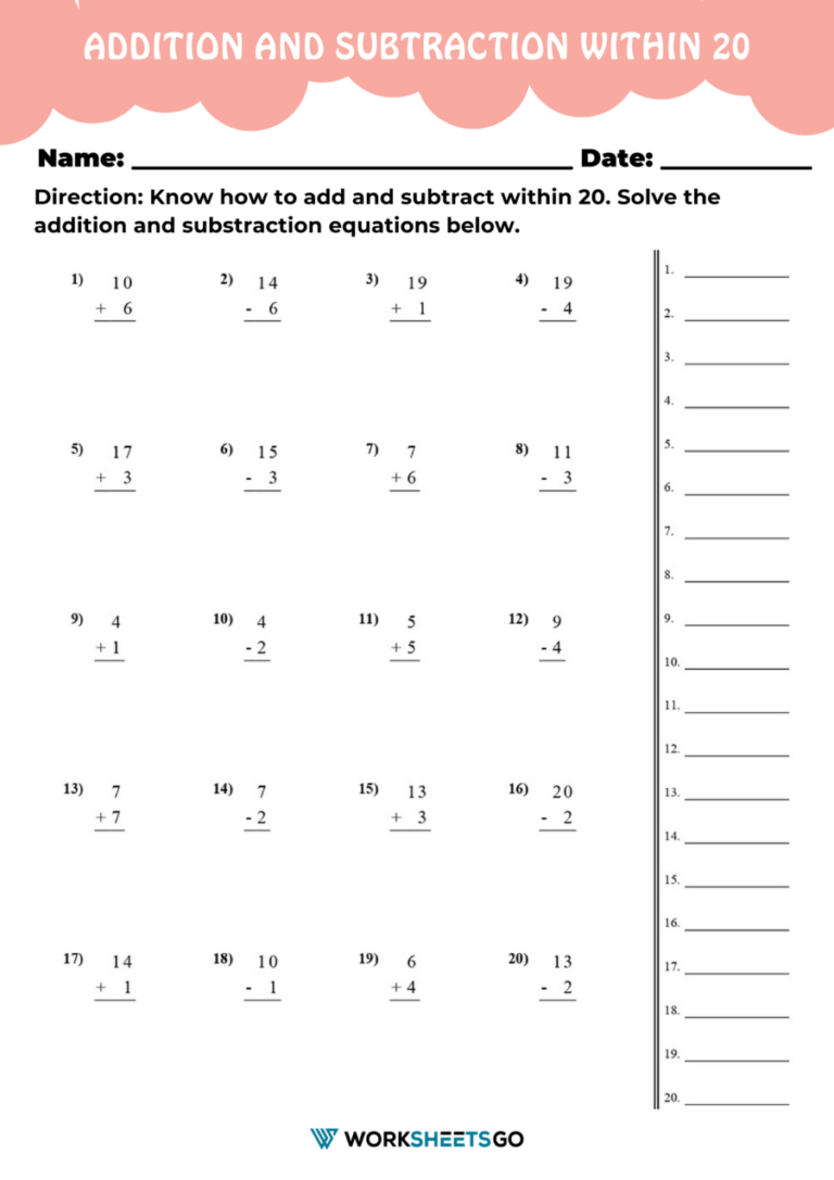 Addition And Subtraction Within 20 Worksheets 2 WorksheetsGO