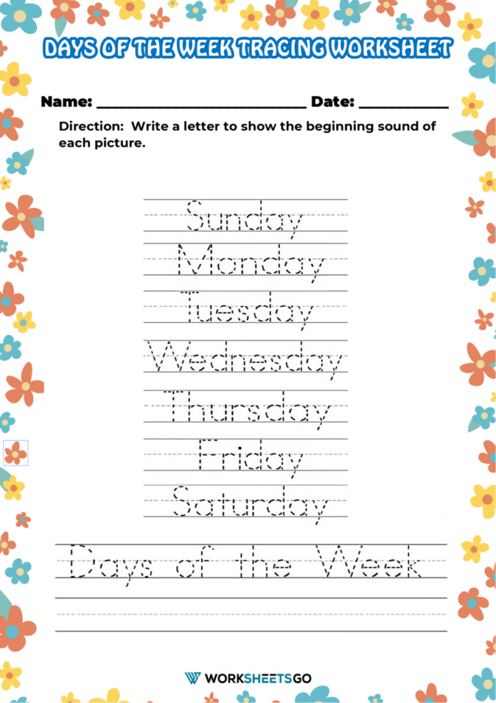 Days Of The Week Tracing Worksheets WorksheetsGO Days Of The Week Tracing Worksheets WorksheetsGO