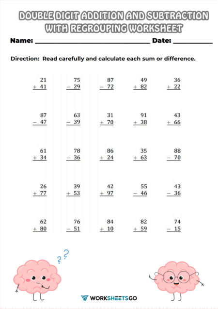 Double Digit Addition And Subtraction With Regrouping Worksheets