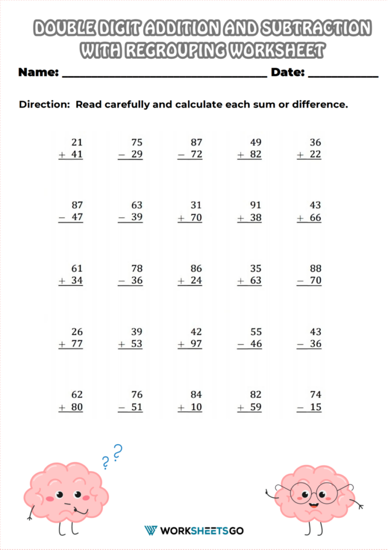 Double Digit Addition And Subtraction With Regrouping Worksheets Double Digit Addition And Subtraction With Regrouping Worksheets