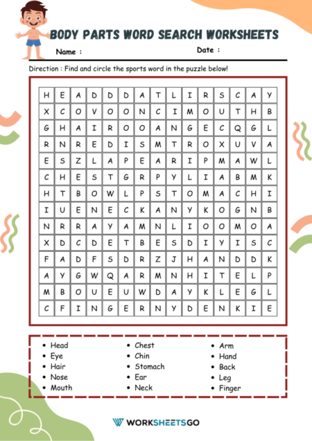 Body Parts Word Search Worksheets
