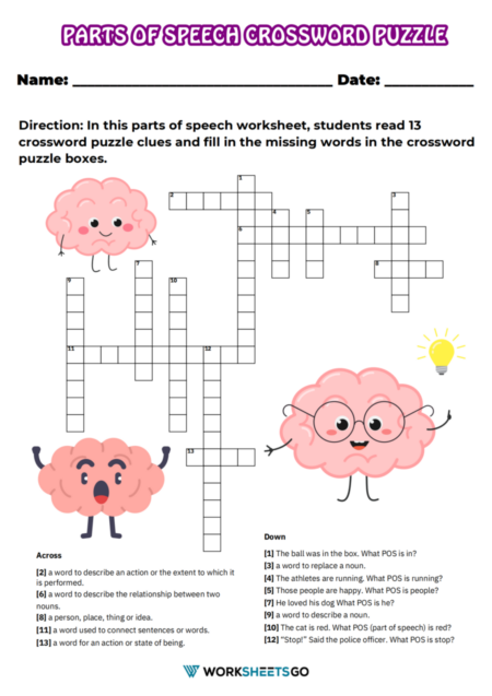 Parts Of Speech Crossword Puzzle Worksheets