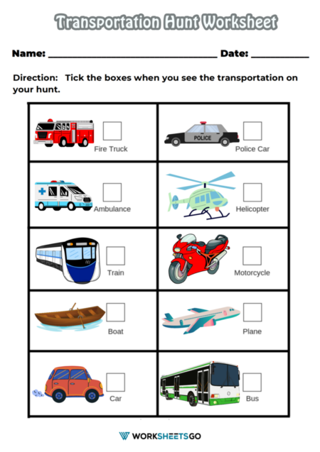 Transportation Hunt Worksheets