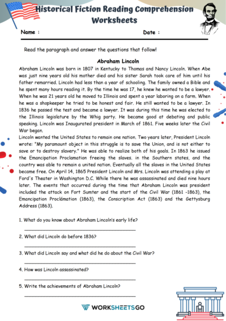 Historical Fiction Reading Comprehension Worksheets