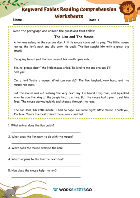 Keyword Fables Reading Comprehension Worksheets