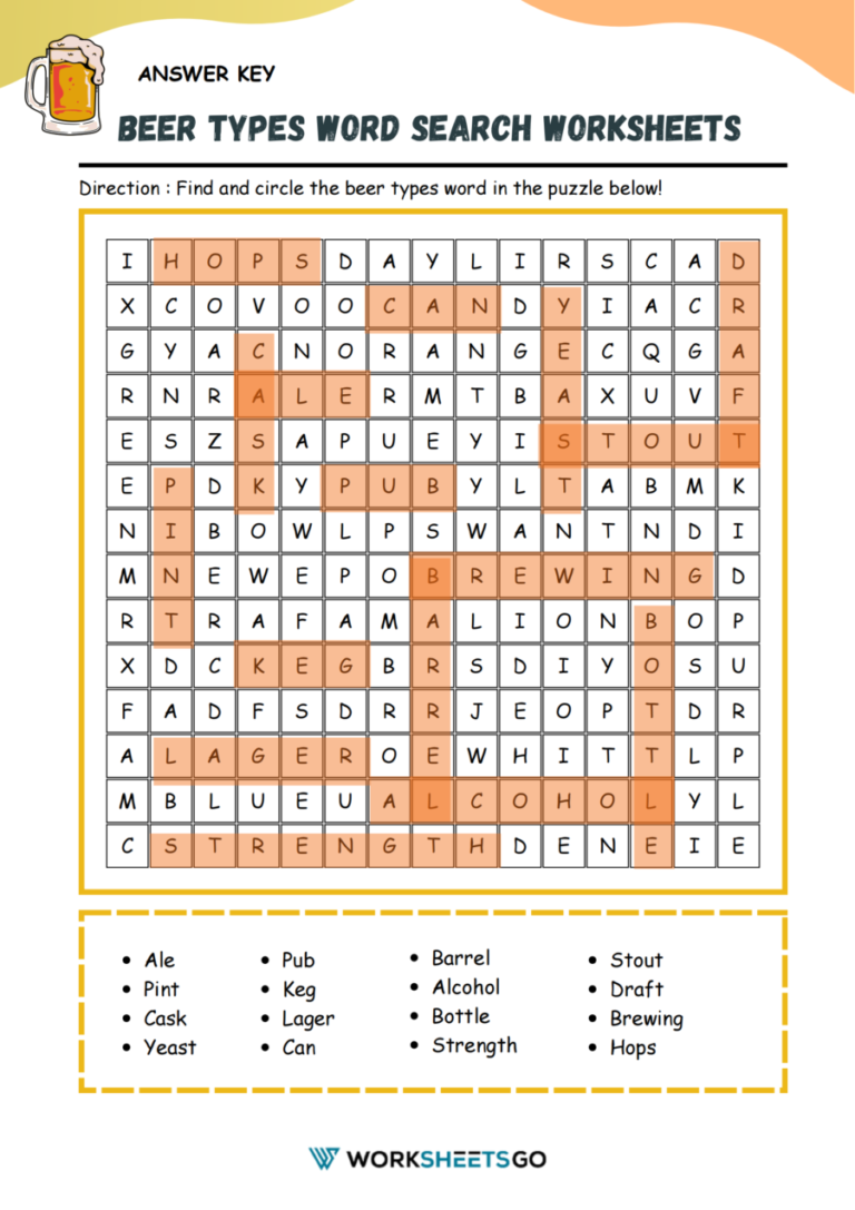 Beer Types Word Search Worksheets | WorksheetsGO
